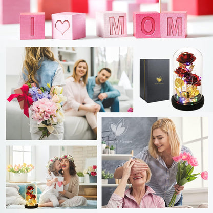 Mothers Day Flower Gifts for Mom,Wife,Mother Rose Galaxy Flower Red Rose in Glass Dome,Light up Rose Flowers with 2 Lighting Mode,Enchanted Rose Gifts for Women for Birthday Wedding Valentines Day