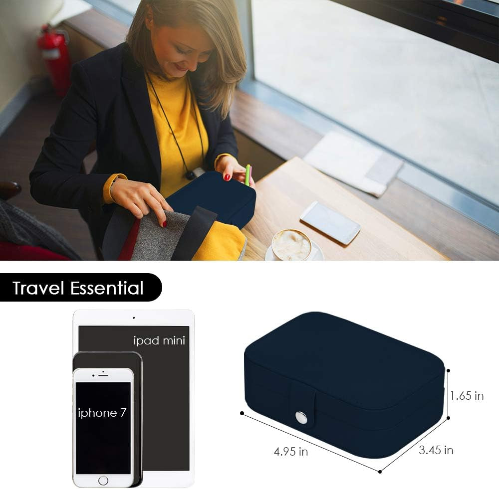 Travel Jewelry Organizer,Pu Leather Travel Jewelry Case,Double Layer Small Jewelry Box for Women Girls,Jewelry Organizer Box for Necklace,Ring,Earring (Navy Blue)