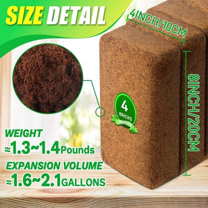 Coco Coir Brick for Plants- 4 Pack Premium 100% Organic Peat Moss, Fiber Coconut Husk for Planting, Gardening