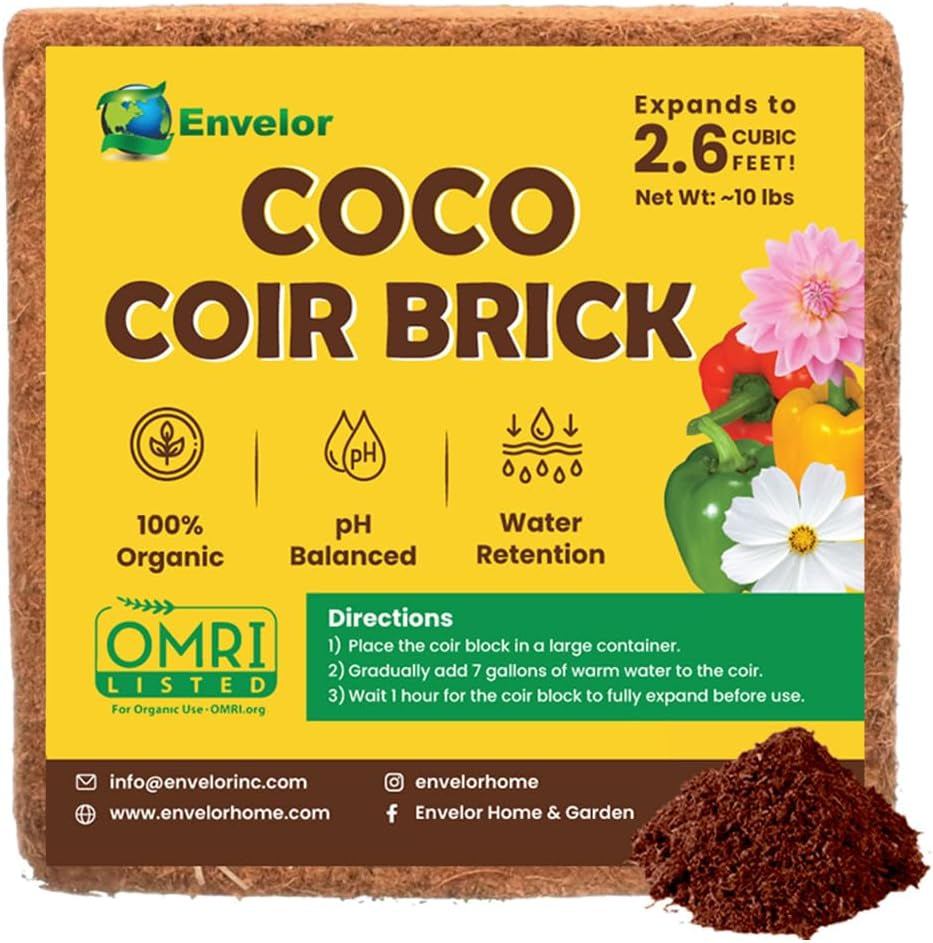 Coco Coir for Plants 1-Pack – 2.6 Cu. Ft. Compressed Coconut Coir Bricks, 10 Lb. Organic, Low EC, Ph Balanced Coco Peat for Indoor & Outdoor Gardening, Potting Soil, Indoor Plant Soil