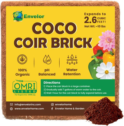 Coco Coir for Plants 1-Pack – 2.6 Cu. Ft. Compressed Coconut Coir Bricks, 10 Lb. Organic, Low EC, Ph Balanced Coco Peat for Indoor & Outdoor Gardening, Potting Soil, Indoor Plant Soil